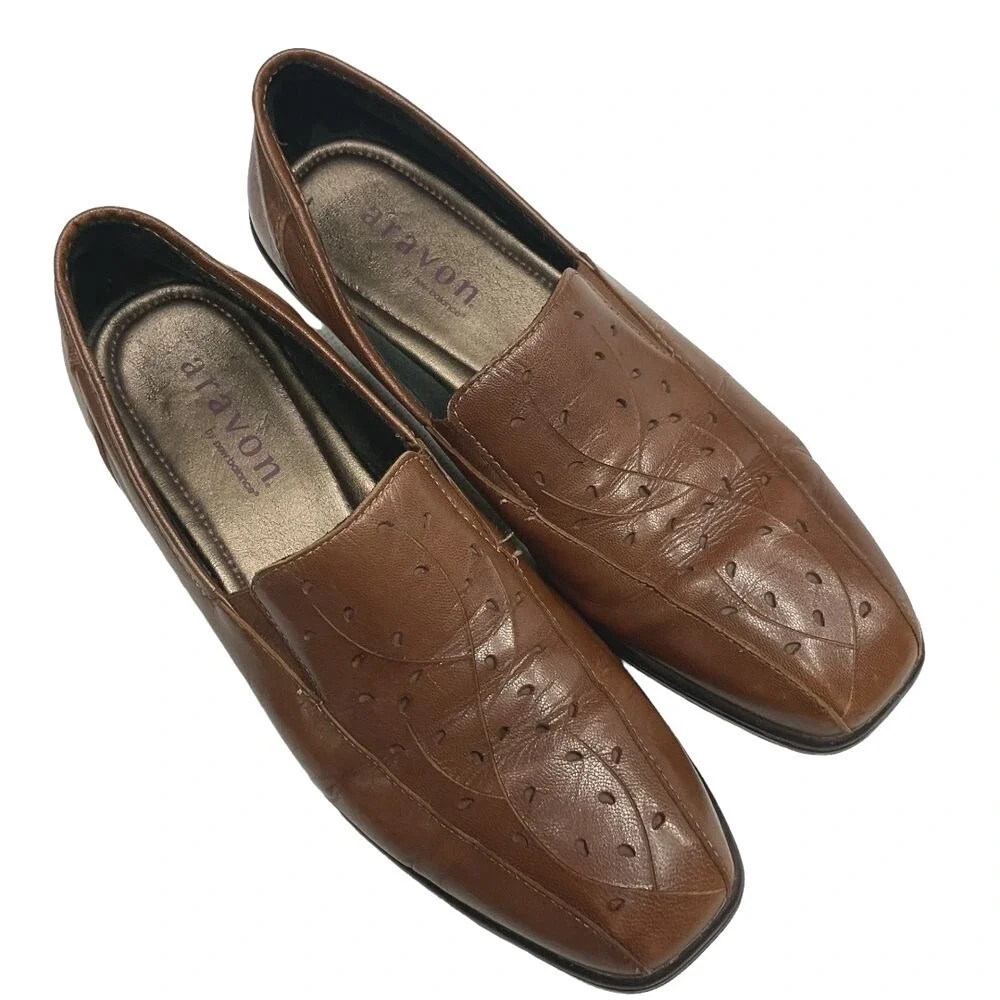 Aravon‎ Kiley Floral Cut Out Leather Loafers Slip on Shoes Brown Size 9.5 2A